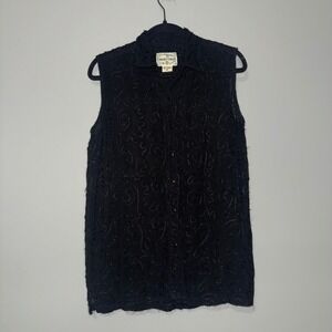 Rosettes Womens Medium Black Rayon Sleeveless Embroidered Button Up Blouse Top